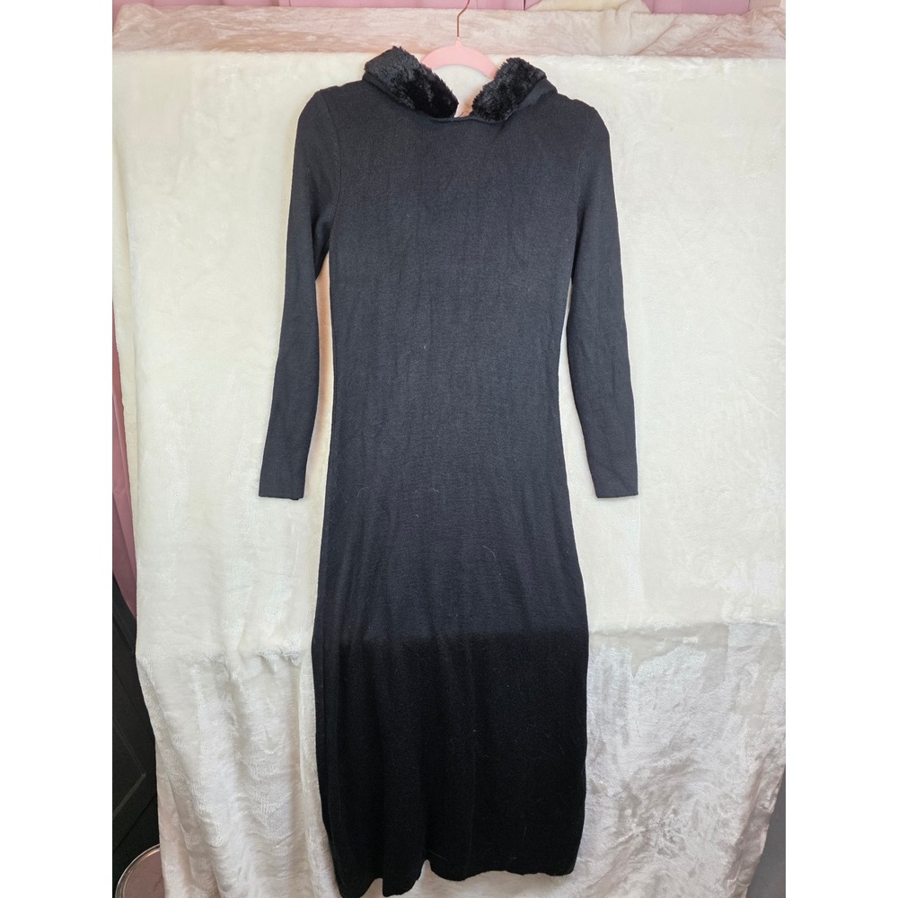 Nina Leonard Women Black Wool Blend Hooded Faux Fur Trim Knit Midi Sweater Dress